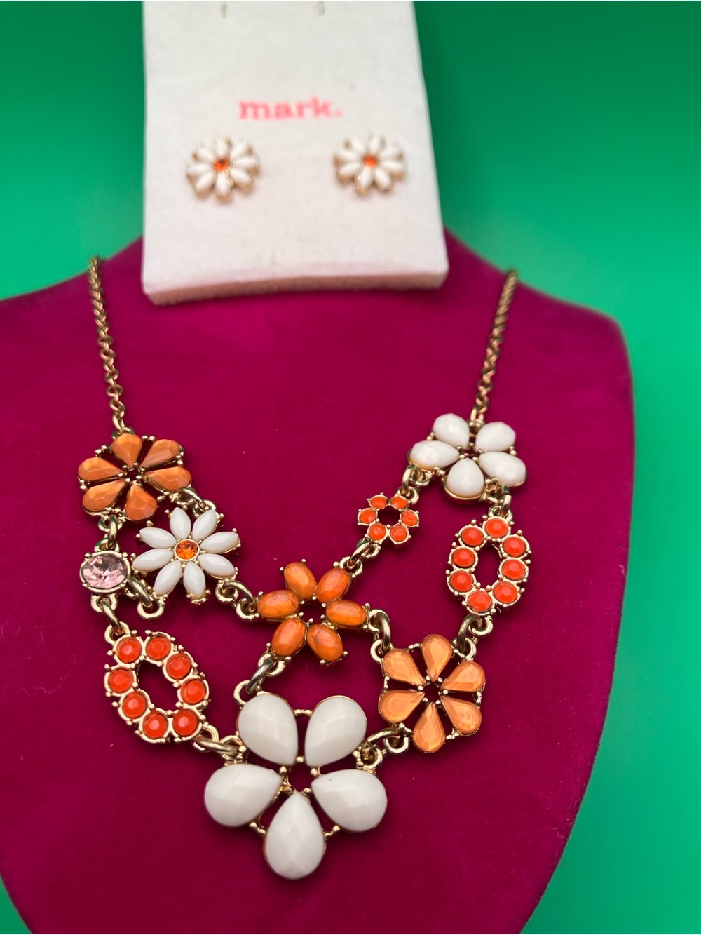 Avon Orange and White Floral Statement Necklace with Matching Studs